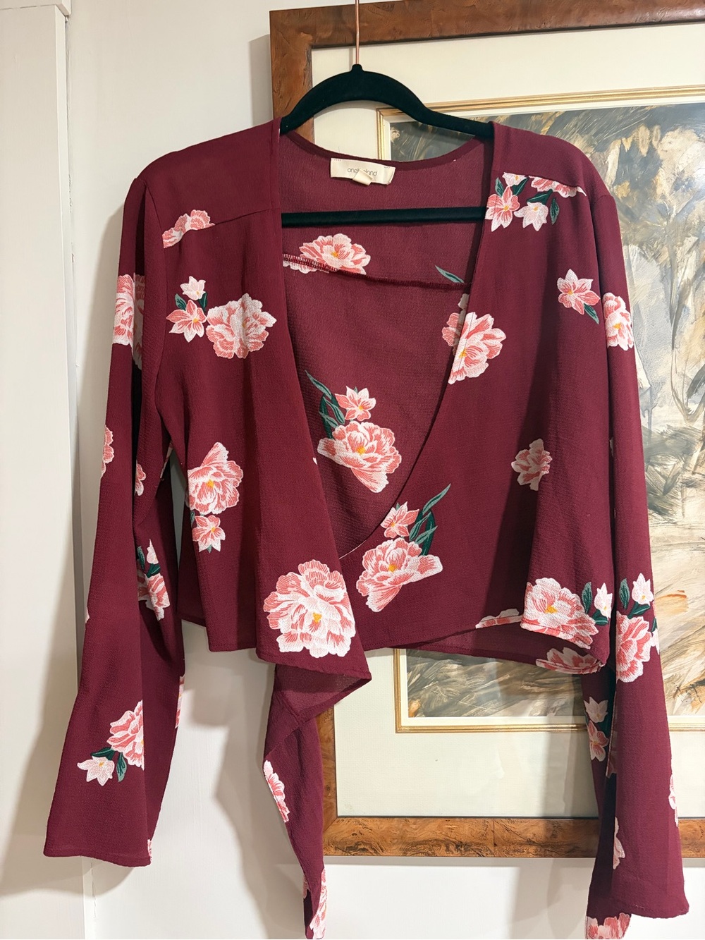 Floral Wrap Blouse in Burgundy with Pink Blooms